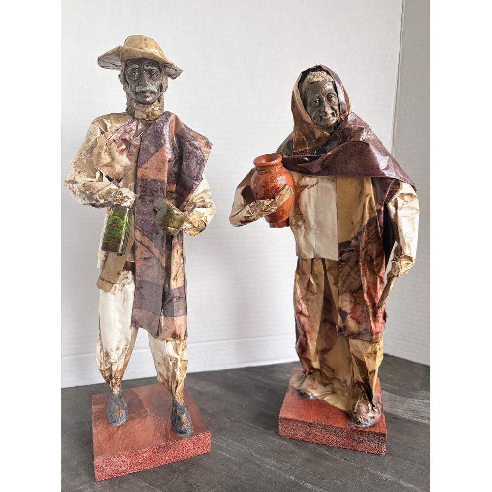 Vintage Mexican Folk Art Paper Mache Figurines Elderly Couple Hornitos Tequila